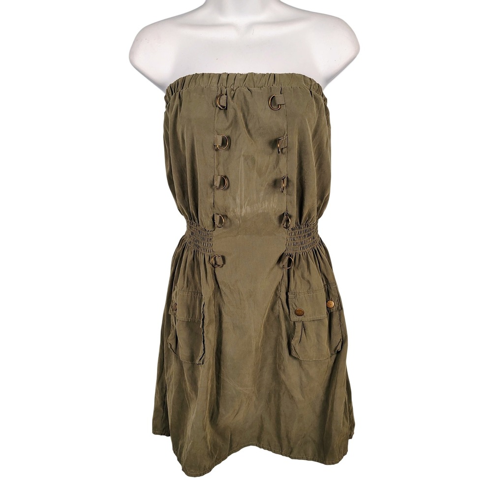 FCNY Womens L Cargo Strapless Mini Dress Olive Green Utility Gorpcore Urban